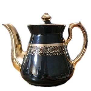 Vintage Hall China Black & Gold  Philadelphia Teapot Heavy Gold Trim Made In USA
